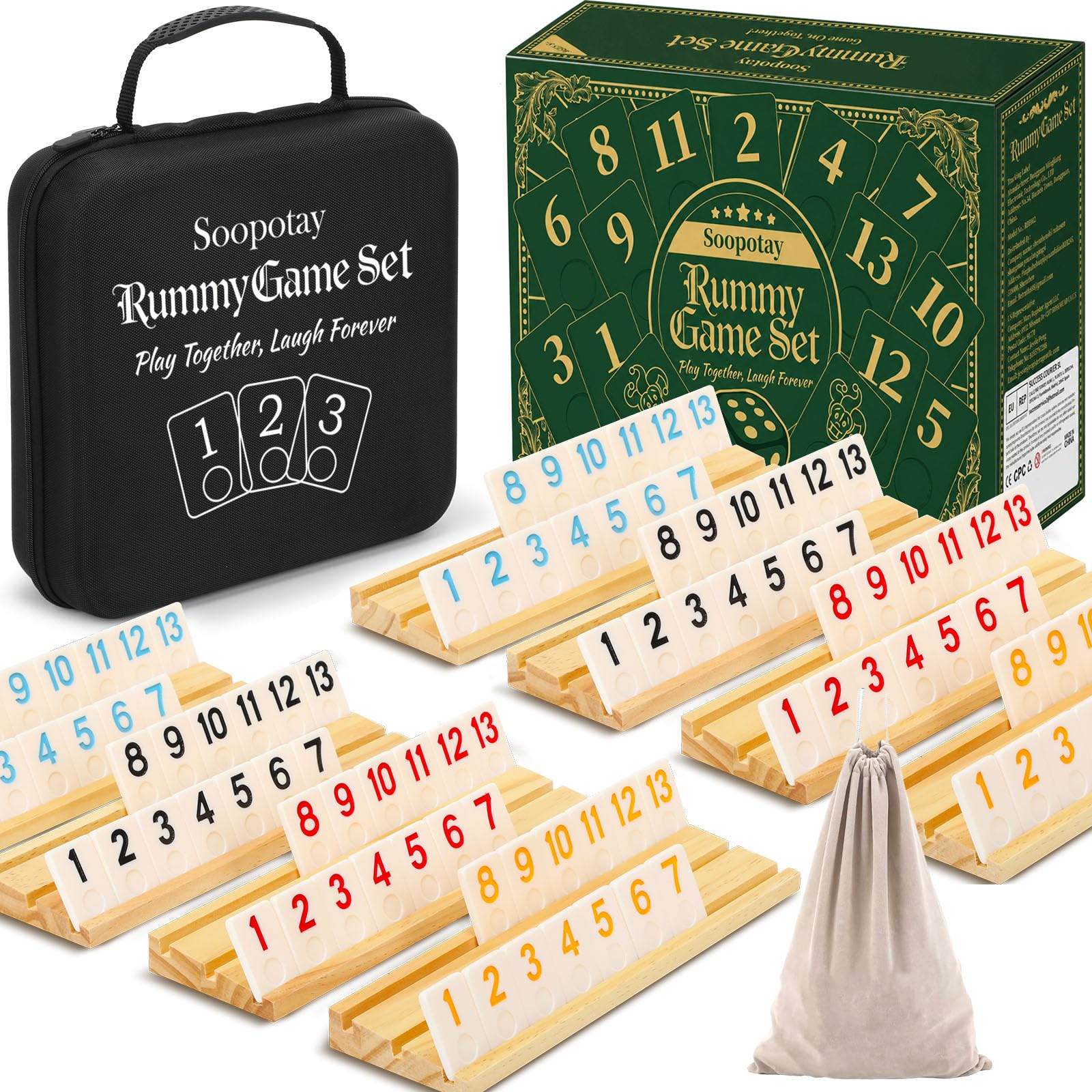 2-8 Players Rummy Game with 8 Wooden Racks, 214 Tiles, Premium